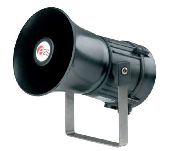 A black horn-shaped alarm sounder with a label indicating the brand, E2S, and model number mounted on a stand.