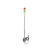 Three-color 5 Ft pole-mounted industrial signal light with grey 2-position switch box; Red-Amber-Green on a white background.