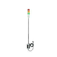 Three-color 5 Ft pole-mounted industrial signal light with grey 2-position switch box; Red-Amber-Green on a white background.