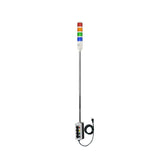 Four-color 5 Ft pole-mounted industrial signal light with grey 2-position switch box on; Red-Amber-Green-Blue a white background.