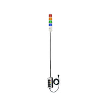 Four-color 5 Ft pole-mounted industrial signal light with grey 2-position switch box on; Red-Amber-Green-Blue a white background.