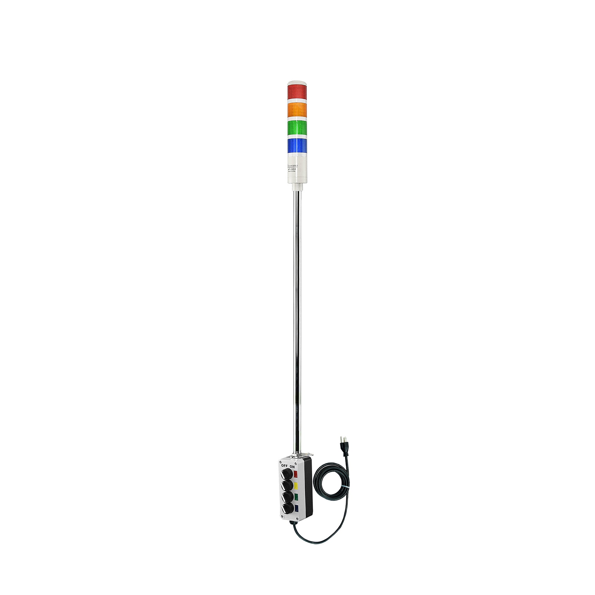 Four-color 5 Ft pole-mounted industrial signal light with grey 2-position switch box on; Red-Amber-Green-Blue a white background.