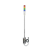 Three-color 5 Ft pole-mounted industrial signal light with grey 2-position switch box on; Red-Amber-Green-Blue-White a white background.