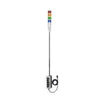 Three-color 5 Ft pole-mounted industrial signal light with grey 2-position switch box on; Red-Amber-Green-Blue-White a white background.