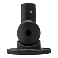 Side profile of a black articulating pole mount pointed upward on a white background.
