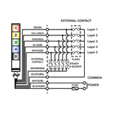 Multi-color pole-mounted industrial signal light wiring diagram on a white background.
