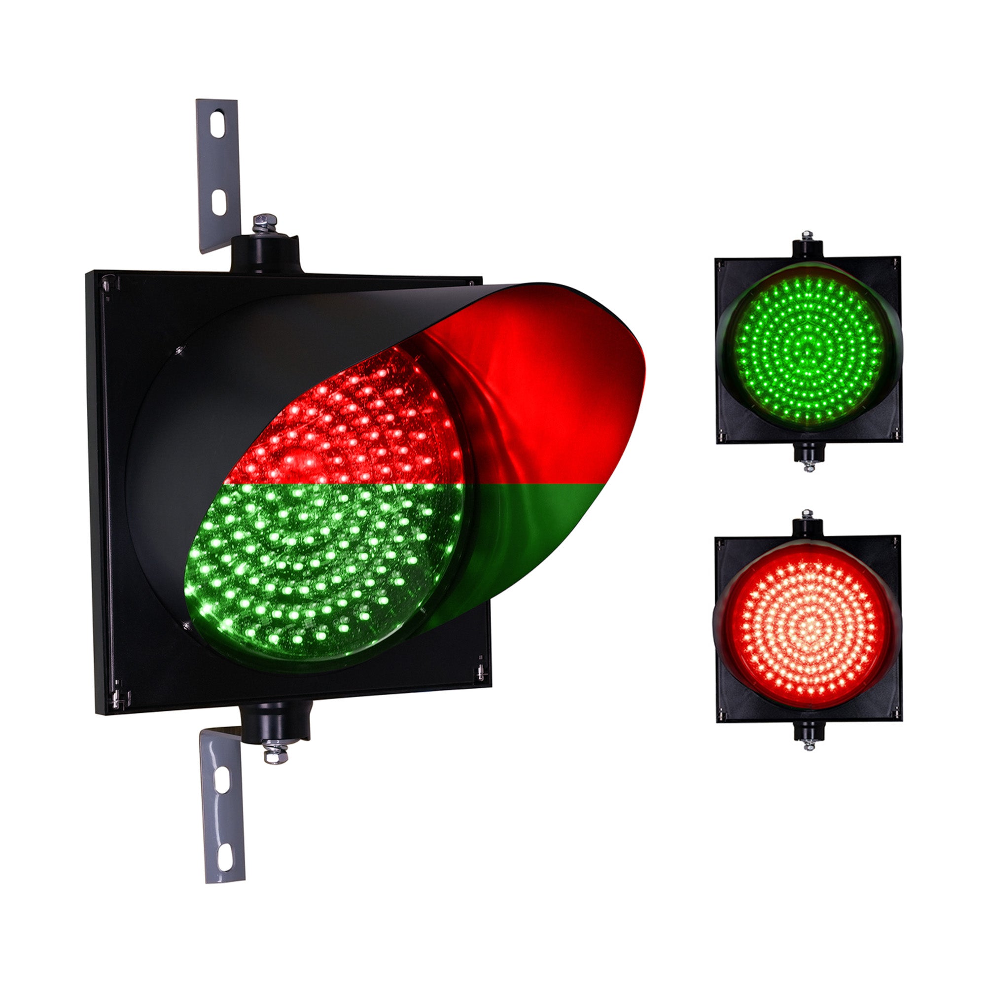 A 12 inch diameter LED industrial traffic light with a red and green lens, mounted on a wall with two steel right angle mounting brackets included.