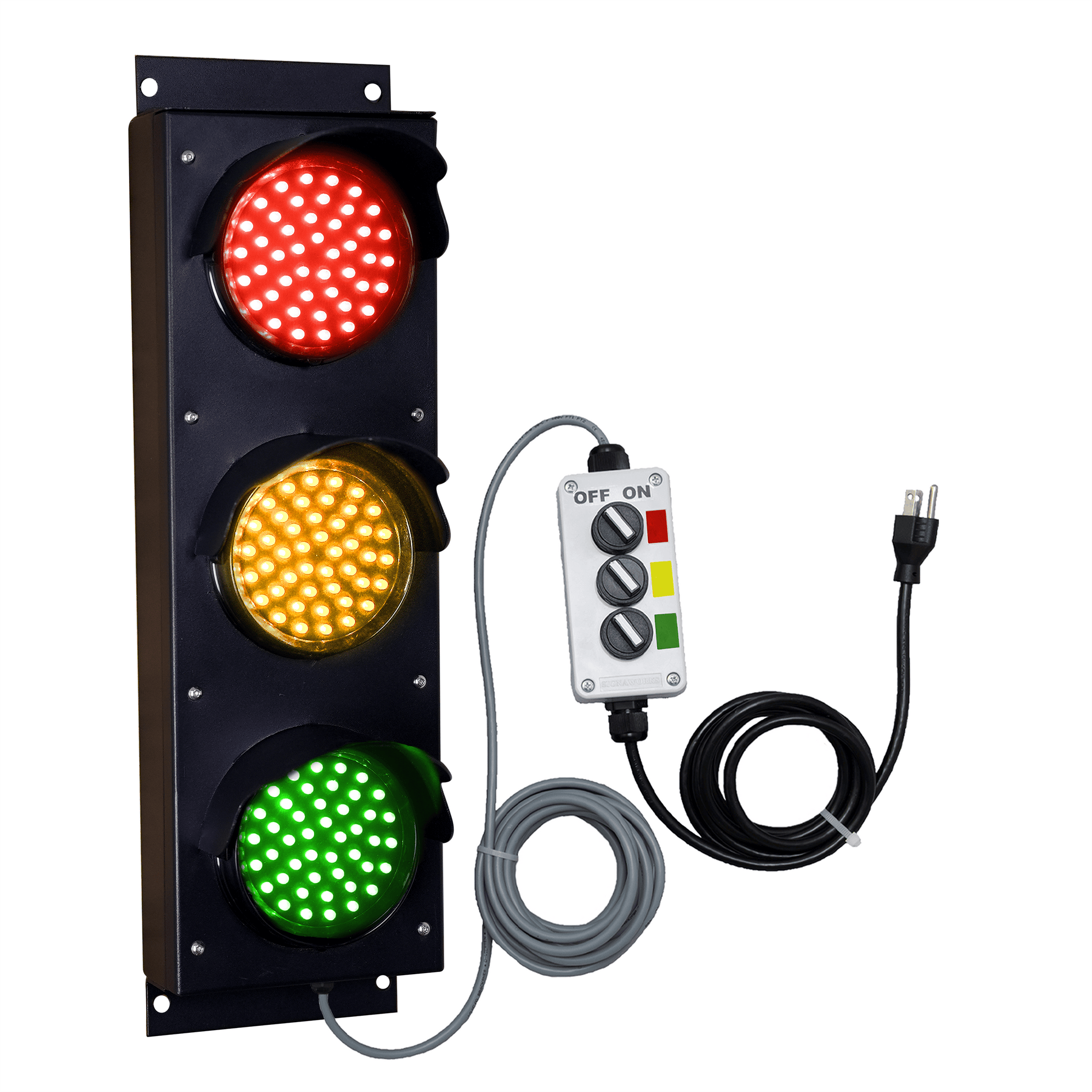 4 Inch Diameter Lens LED Traffic Light Signal, 3 Color 10 Ft Cable 3 Switch Control Box (Plug and Play)