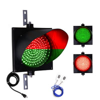 An 8 inch diameter LED traffic light signal with a red and green lens, including two wireless key fobs and a 8 foot power cord.