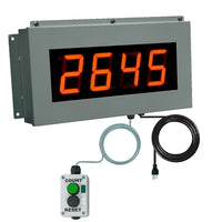 Grey industrial production counter with red 4 inch digital display and manual count reset switch box and power cord on a white background.