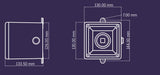 White on blue technical drawing of a rectangular housing dimensions.