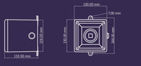 White on blue technical drawing of a rectangular housing dimensions.