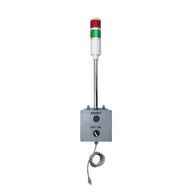 Two-color pole-mounted wireless cycle timer andon light (Red-Green) on a white background.