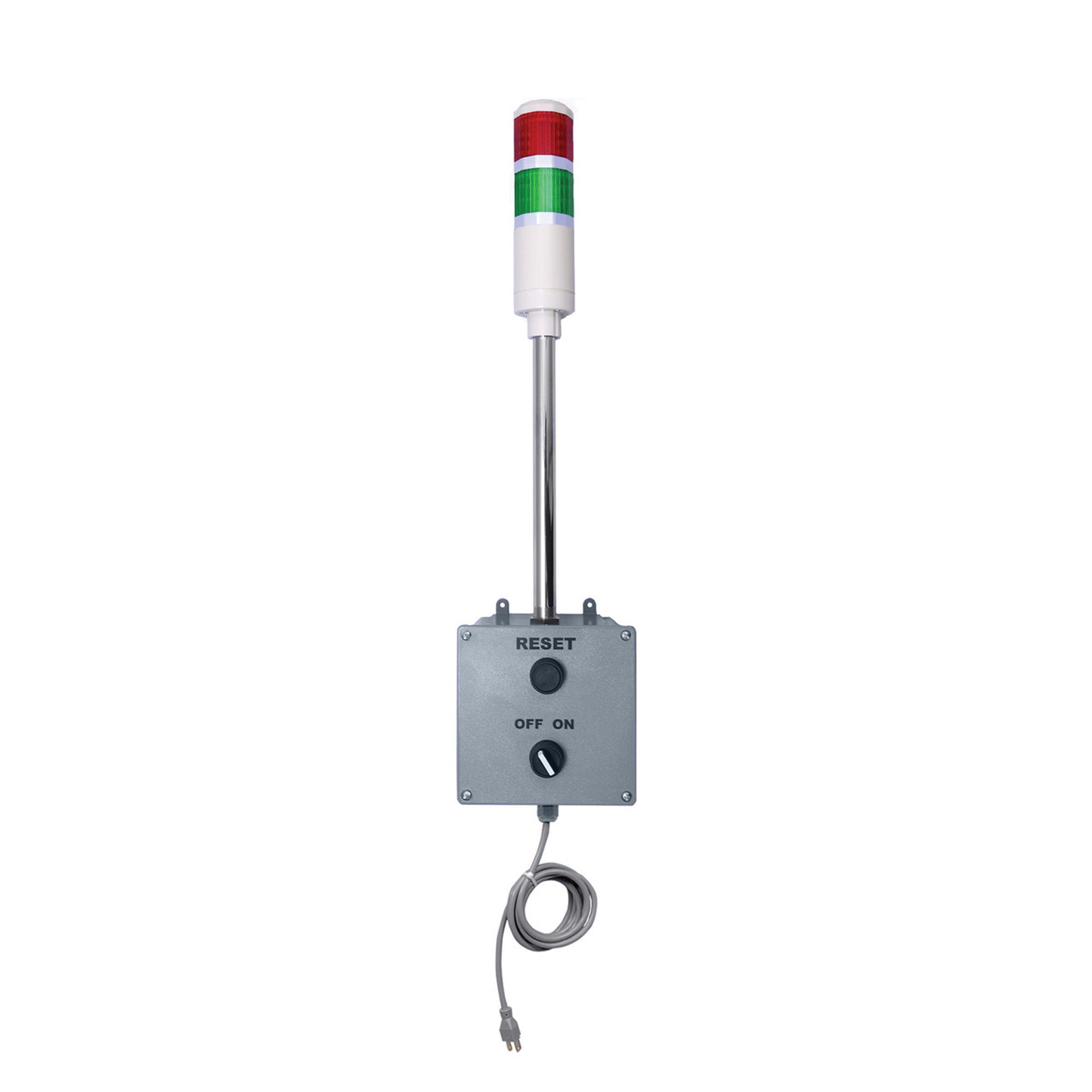 Two-color pole-mounted wireless cycle timer andon light (Red-Green) on a white background.
