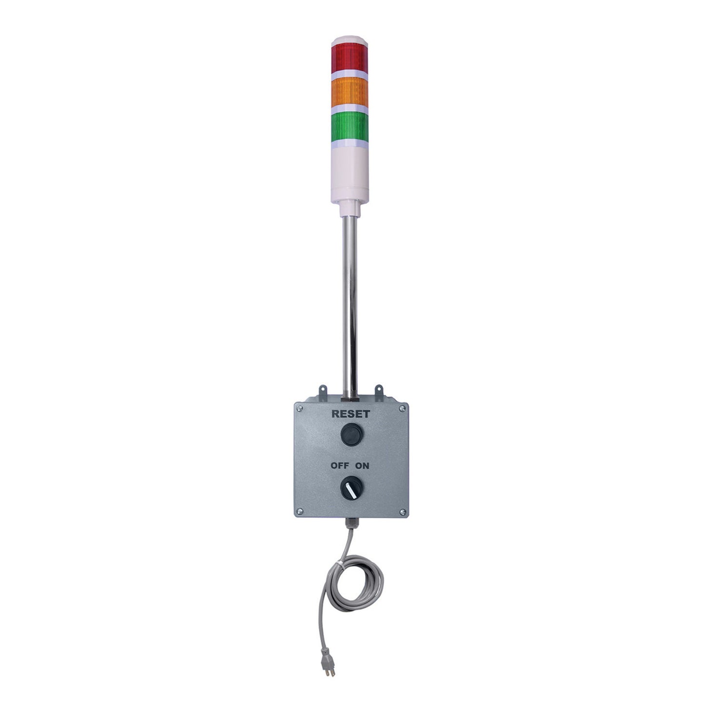 Three-color pole-mounted wireless cycle timer andon light; Red-Amber-Green on a white background.