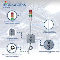 Three-color pole-mounted wireless cycle timer andon light (Red-Amber-Green) graphic highlighting the features of it on a white background.