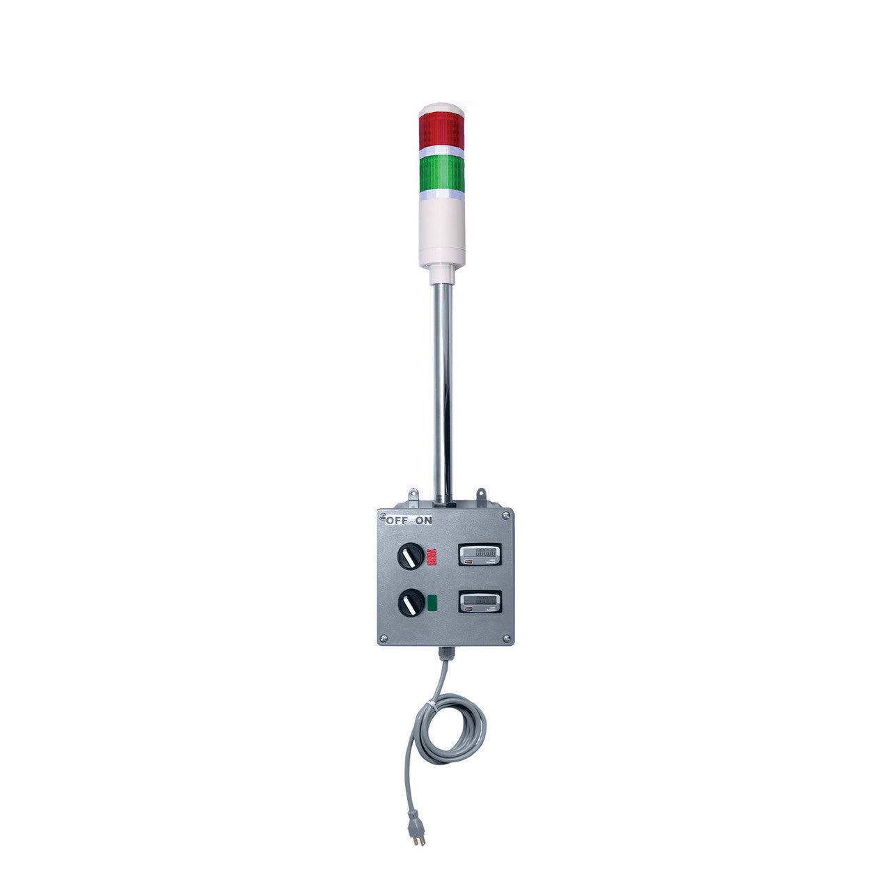 Two-color pole-mounted industrial signal light (Red-Green) on grey down timer with two digital displays on a white background.