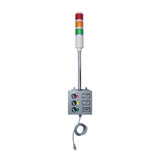 Three-color pole-mounted industrial signal light (Red-Amber-Green) on grey down timer with three digital displays on a white background.