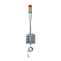 Three-color pole-mounted industrial signal light (Red-Amber-Green) on grey down timer with three digital displays on a white background.