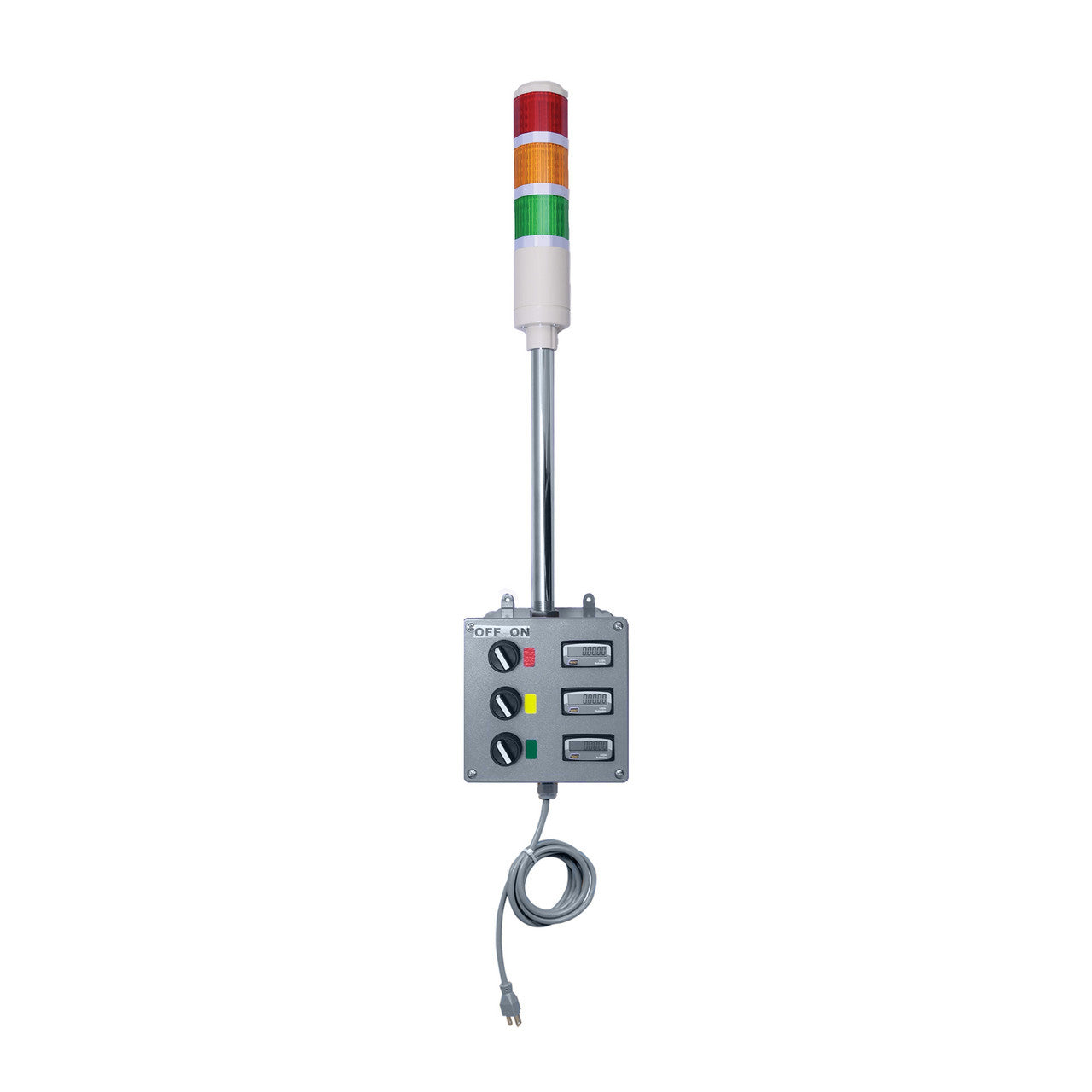 Three-color pole-mounted industrial signal light (Red-Amber-Green) on grey down timer with three digital displays on a white background.