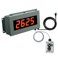Digital display with red numbers and control box on a white background.