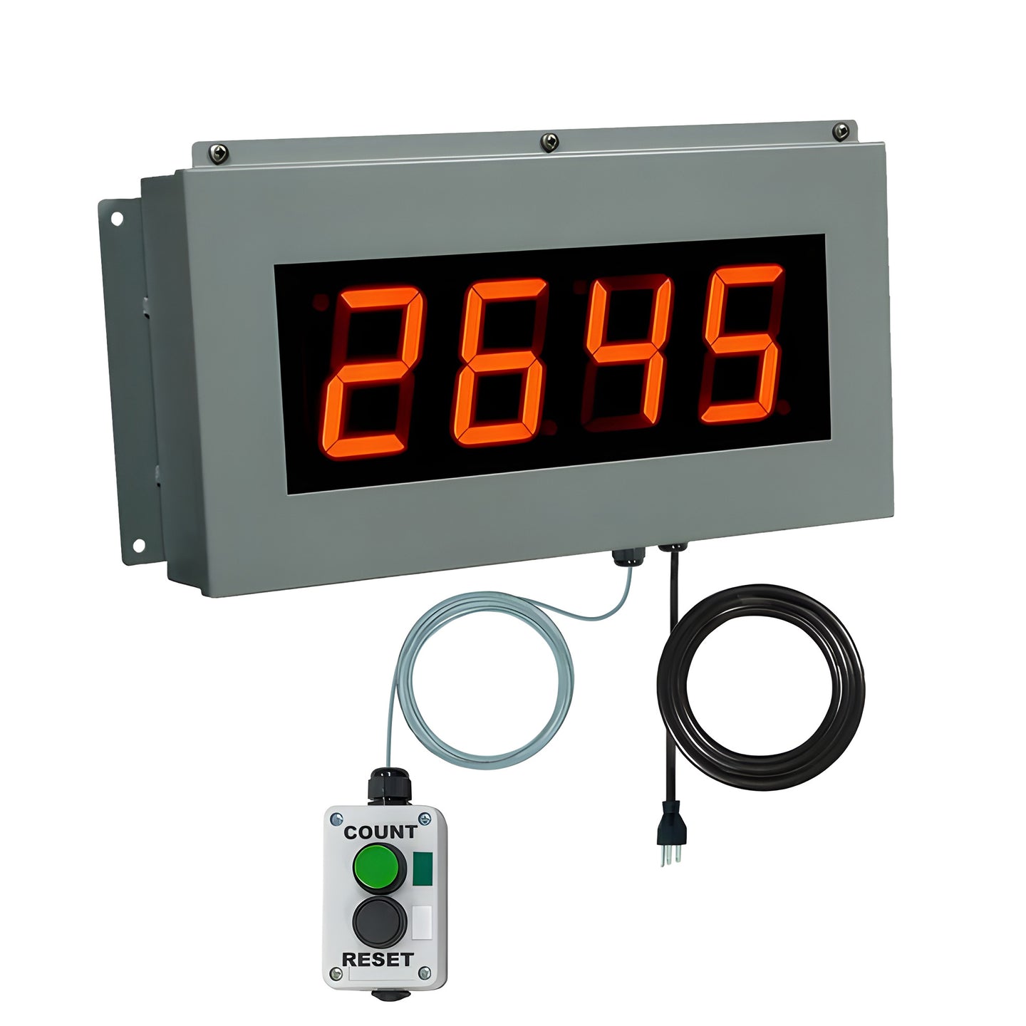 Digital display with red numbers and a control panel on a white background