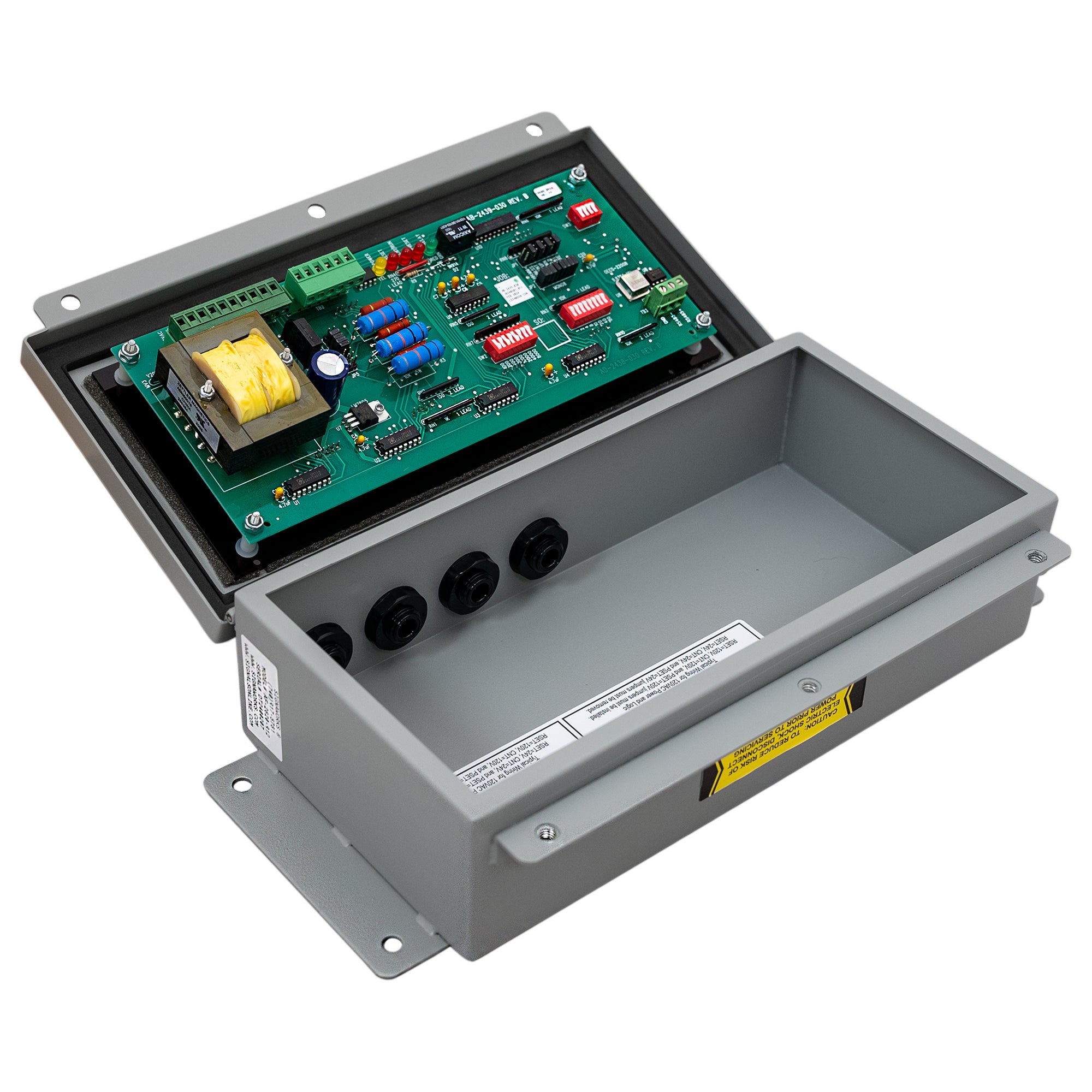 Electronic control panel with circuit board and various components on a white background