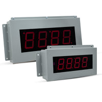 Two digital display panels with red LED digits on a white background