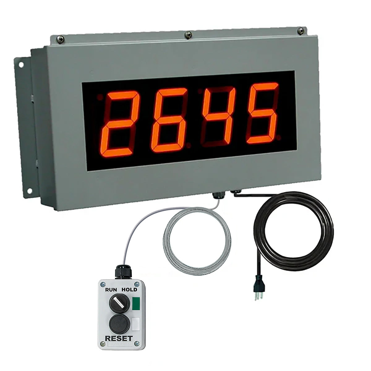 Digital display with red numbers and control box on a white background.