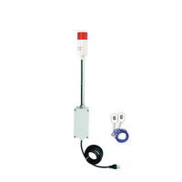 Red pole-mounted tower light with accompanying wireless key fob on a white background.