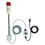 Red pole-mounted industrial signal light with a 2-position switch box and extended power cable on a white background.
