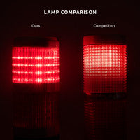 A competitor comparison of a red LED industrial signal light illuminated in the dark.