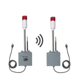 Transmitter and receiver systems with red lights and antennas on a white background.