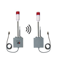 Transmitter and receiver systems with red lights and antennas on a white background.