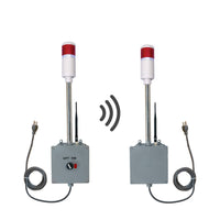 Transmitter and receiver systems with red lights and antennas on a white background.
