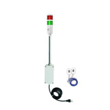 Two-color pole-mounted industrial signal with 2 wireless fobs on a white background; Red-Green.