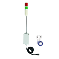 Two-color pole-mounted tower light with accompanying wireless key fob; Red-Green on a white background.