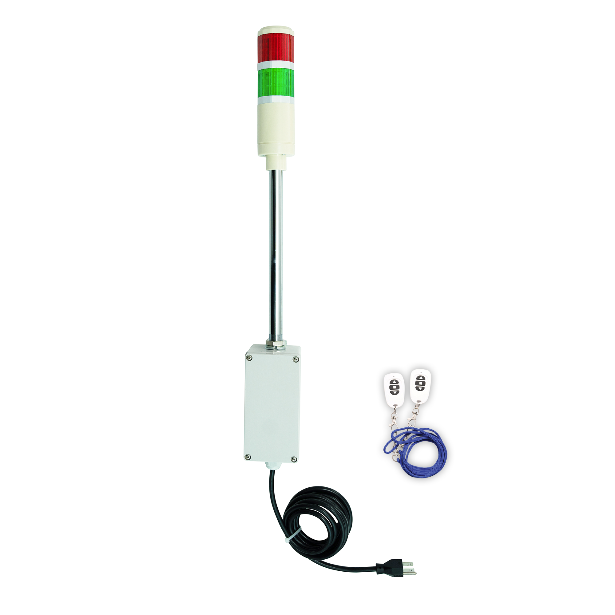 Two-color pole-mounted tower light with accompanying wireless key fob; Red-Green on a white background.