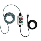 2-position switch box for two-color industrial signal light with extended power cable; Red-Green on a white background.