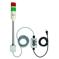 Two-color pole-mounted industrial signal light with a 2-position switch box and extended power cable; Red-Green on a white background.