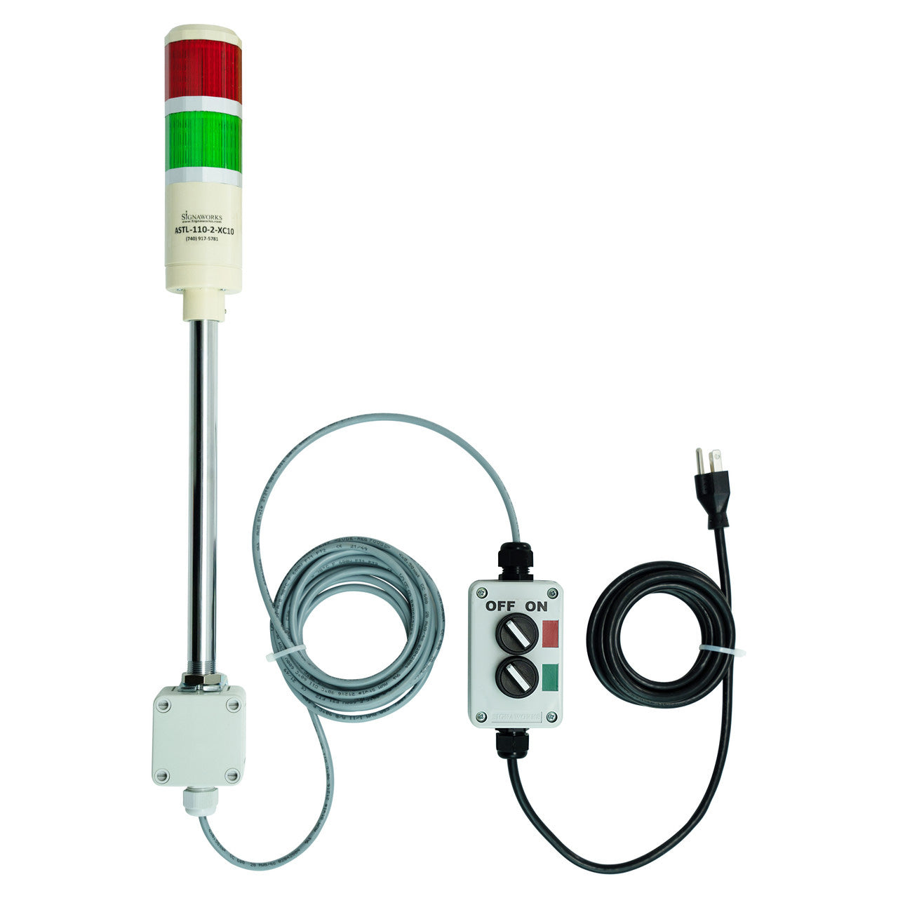 Two-color pole-mounted industrial signal light with a 2-position switch box and extended power cable; Red-Green on a white background.
