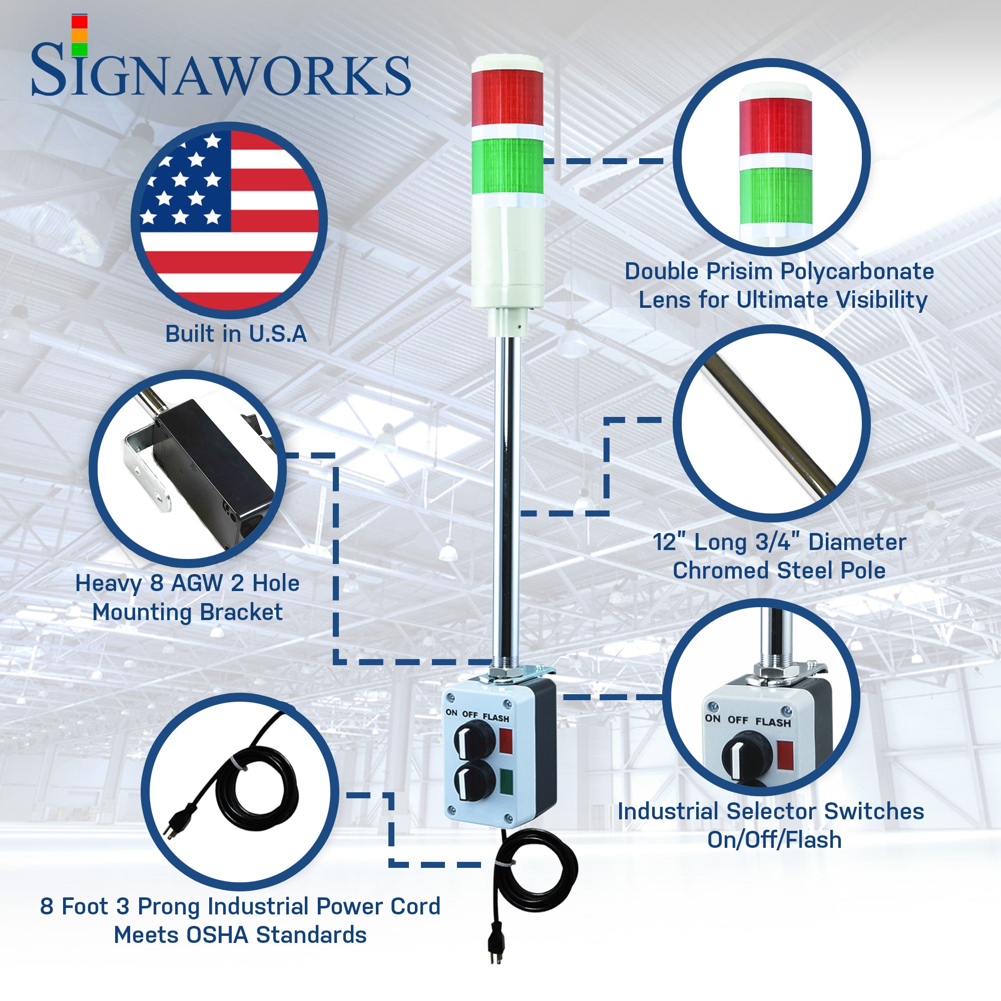 'Signaworks' branded graphic built in the U.S.A. featuring prism lenses, 8 AWG mounting bracket, chrome pole, industrial selector switch and black power cord.