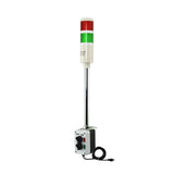 Three-color pole-mounted industrial signal light with a 2-position switch box and power cord; Red-Amber-Green on a white background.