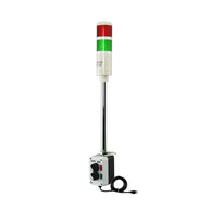 Three-color pole-mounted industrial signal light with a 2-position switch box and power cord; Red-Amber-Green on a white background.