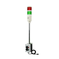 Three-color pole-mounted industrial signal light with a 2-position switch box and power cord; Red-Amber-Green on a white background.