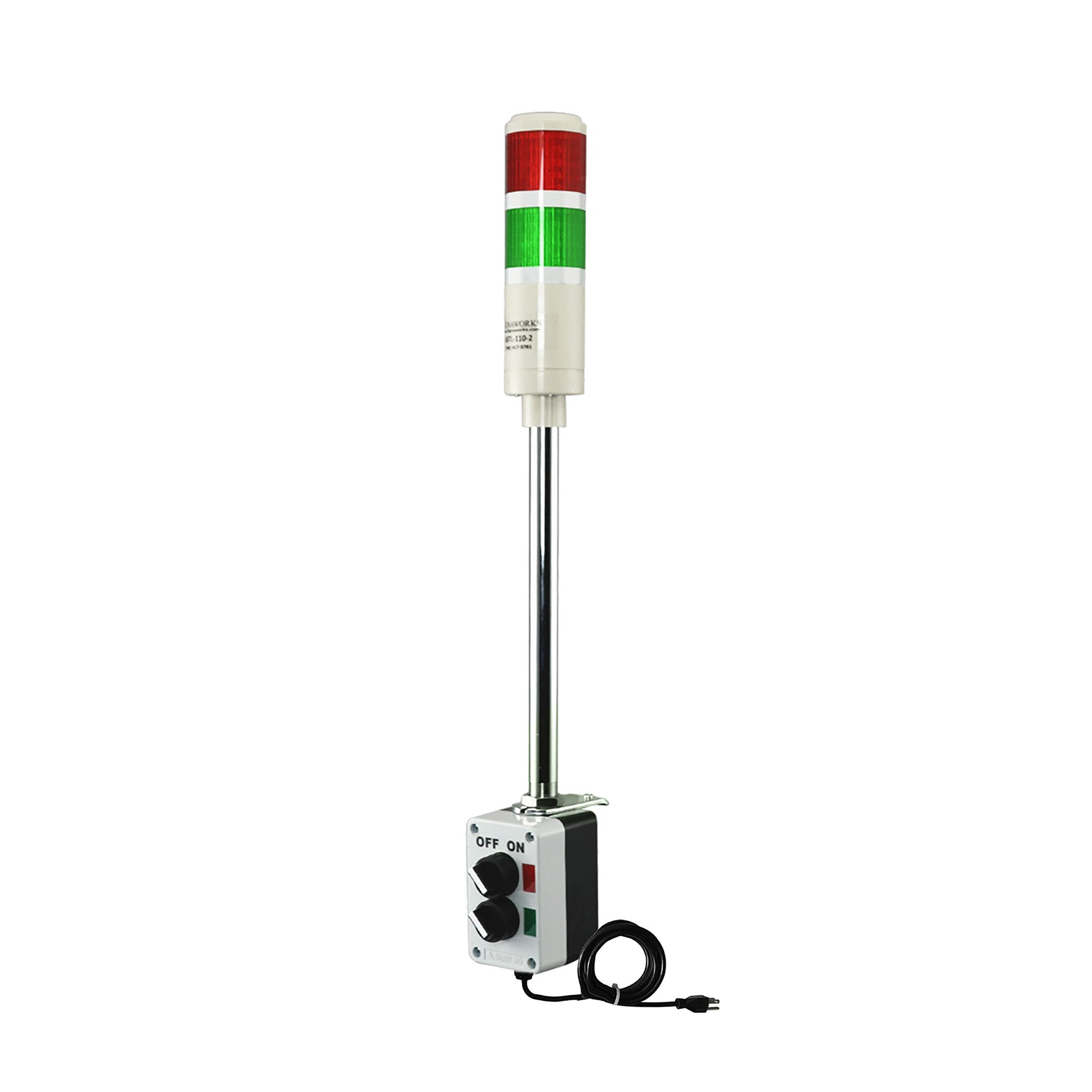 Three-color pole-mounted industrial signal light with a 2-position switch box and power cord; Red-Amber-Green on a white background.