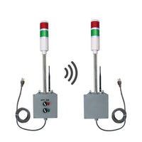 Transmitter and receiver systems with red and lights and antennas on a white background.
