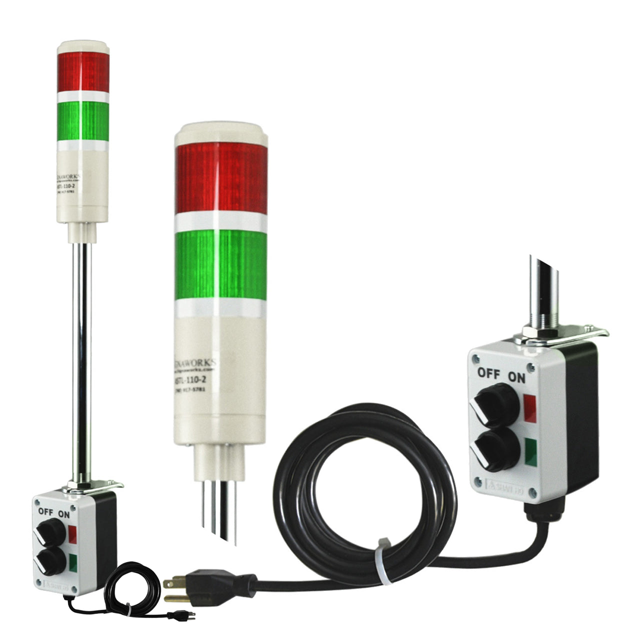 Two-color pole-mounted industrial signal light with a 2-position switch box and power cord; Red-Green on a white background.