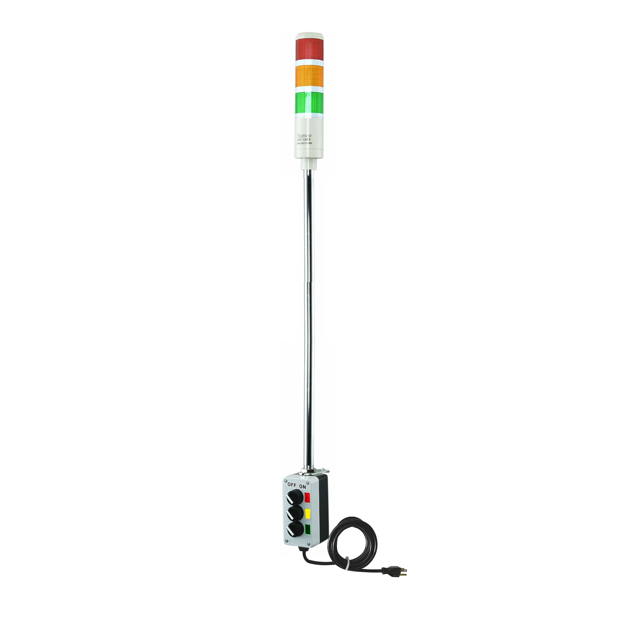 Three-color pole-mounted industrial signal with 2-position switch on a white background: Red-Amber-Green.