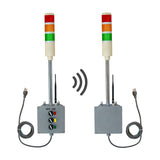Three-color pole-mounted industrial signal light transmitting wirelessly to a matching receiver light on a white background.